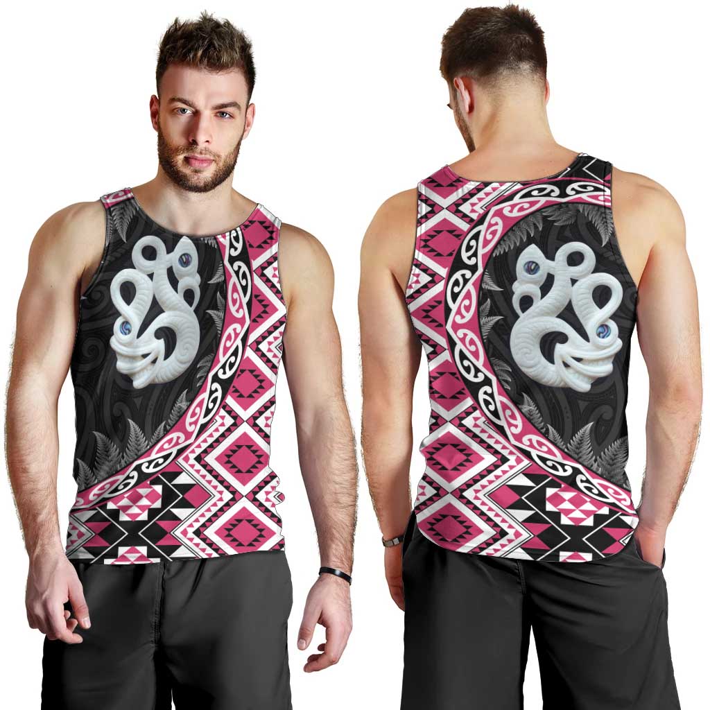 Pink Taniko Motif Aotearoa Manaia and Silver Fern Men Tank Top