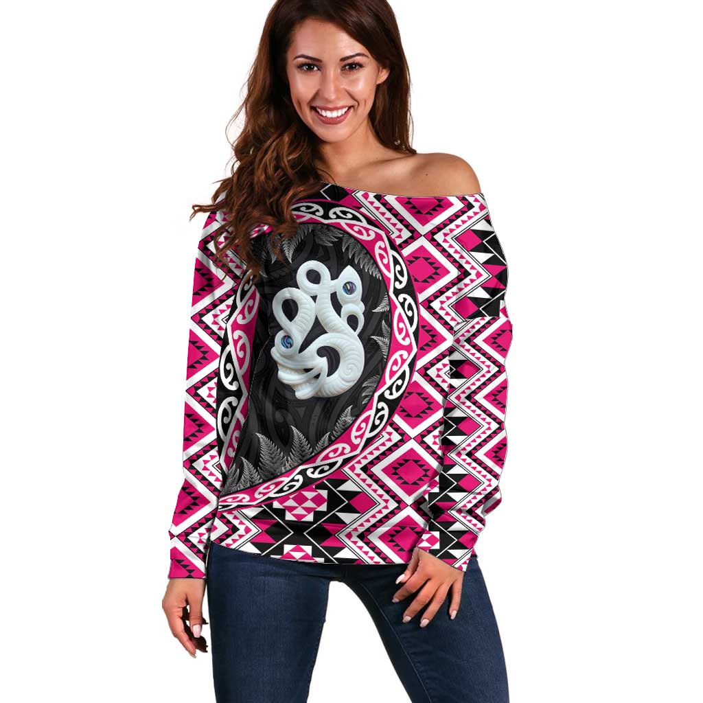 Pink Taniko Motif Aotearoa Manaia and Silver Fern Off Shoulder Sweater LT03 Women Pink - Polynesian Pride