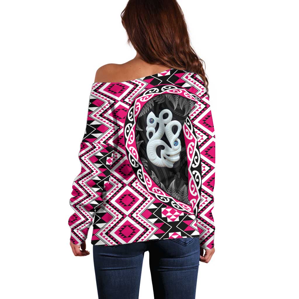 Pink Taniko Motif Aotearoa Manaia and Silver Fern Off Shoulder Sweater LT03 - Polynesian Pride