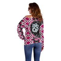 Pink Taniko Motif Aotearoa Manaia and Silver Fern Off Shoulder Sweater LT03 - Polynesian Pride