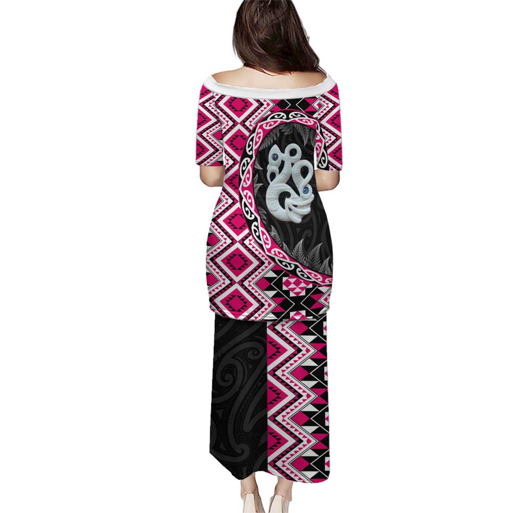 Pink Taniko Motif Aotearoa Manaia and Silver Fern Puletasi