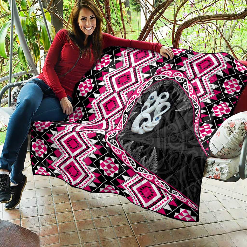 Pink Taniko Motif Aotearoa Manaia and Silver Fern Quilt