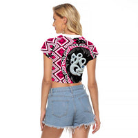 Pink Taniko Motif Aotearoa Manaia and Silver Fern Raglan Cropped T Shirt