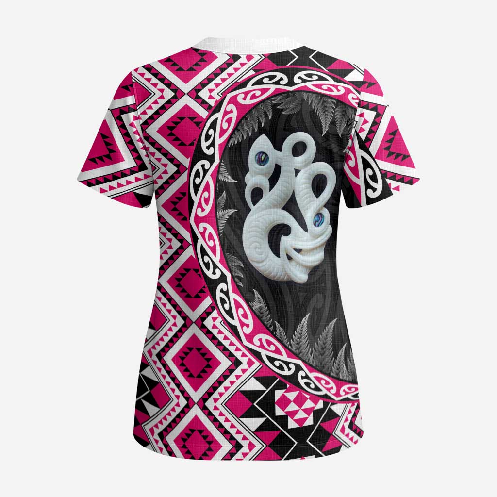 Pink Taniko Motif Aotearoa Manaia and Silver Fern Scrub Top - Polynesian Pride