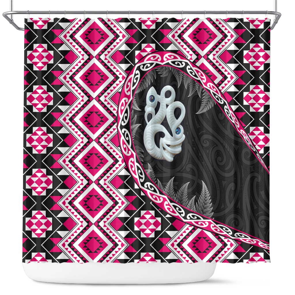 Pink Taniko Motif Aotearoa Manaia and Silver Fern Shower Curtain LT03 Pink - Polynesian Pride