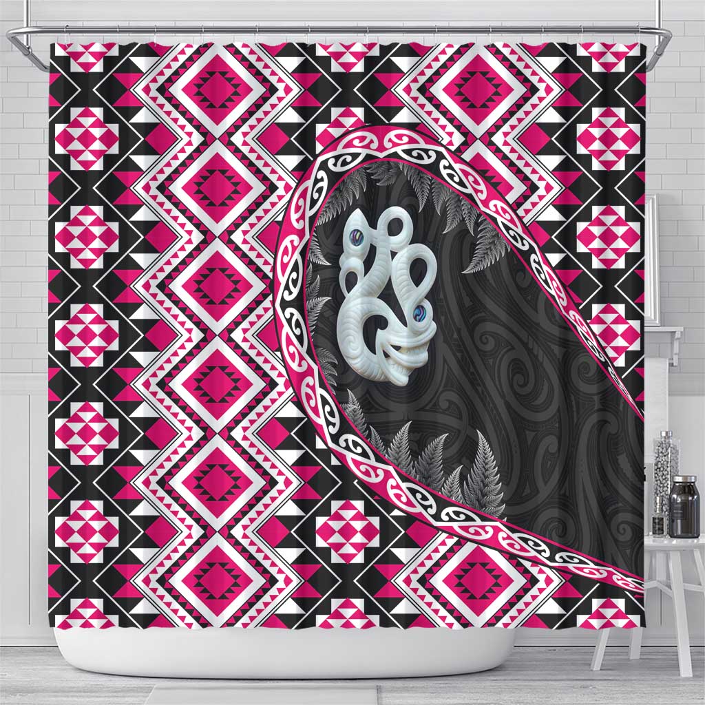 Pink Taniko Motif Aotearoa Manaia and Silver Fern Shower Curtain LT03 - Polynesian Pride