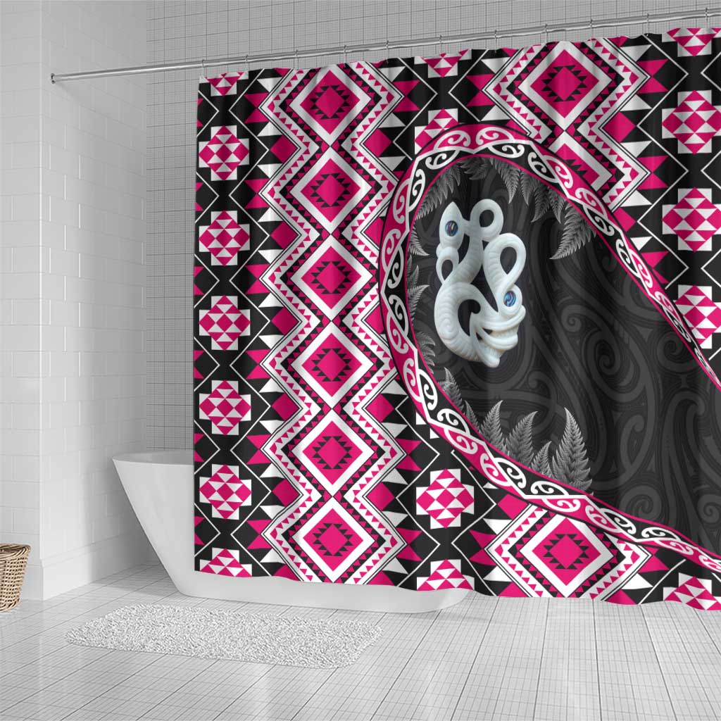 Pink Taniko Motif Aotearoa Manaia and Silver Fern Shower Curtain LT03 - Polynesian Pride