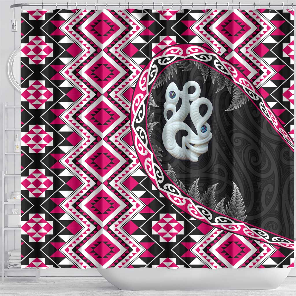 Pink Taniko Motif Aotearoa Manaia and Silver Fern Shower Curtain LT03 - Polynesian Pride
