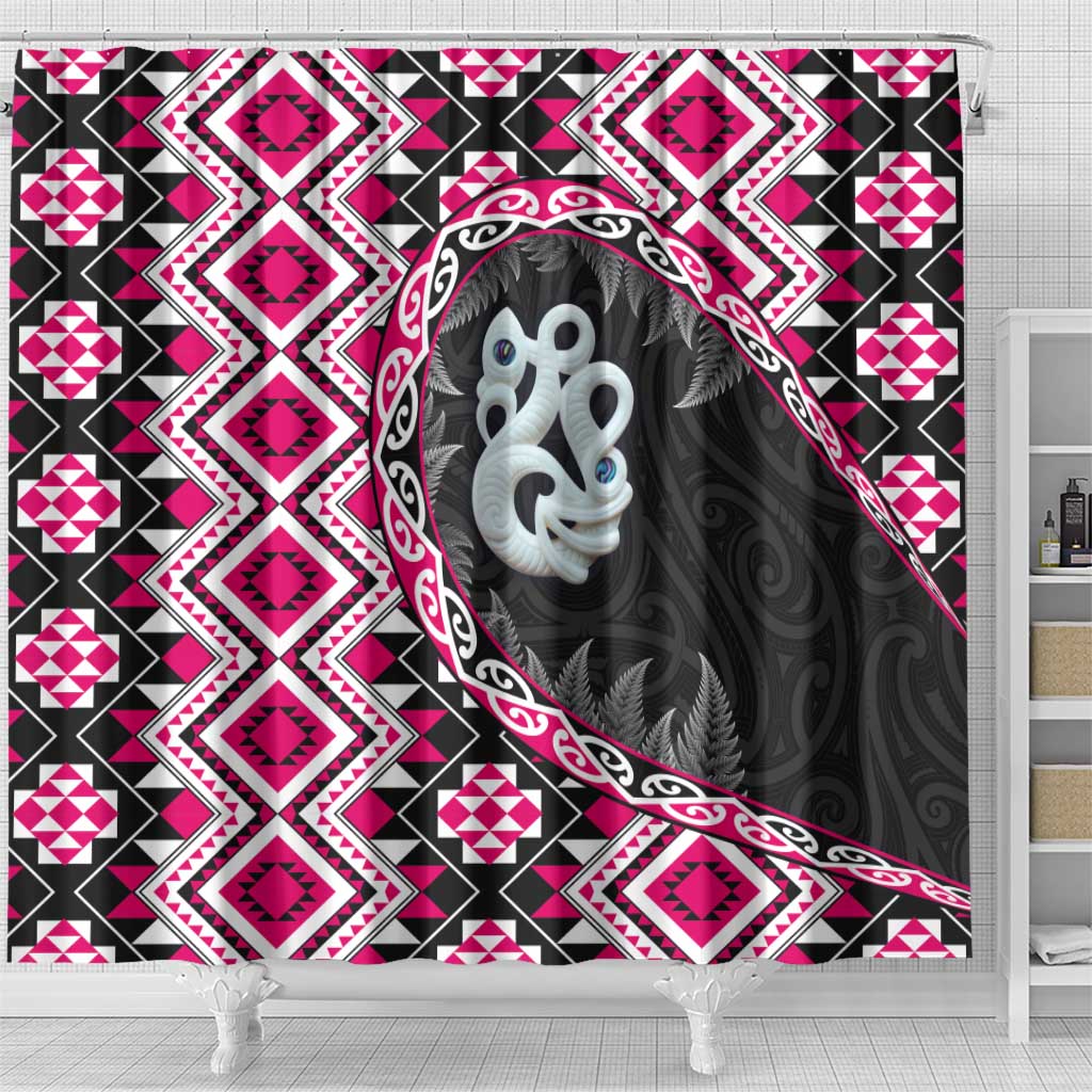 Pink Taniko Motif Aotearoa Manaia and Silver Fern Shower Curtain LT03 - Polynesian Pride
