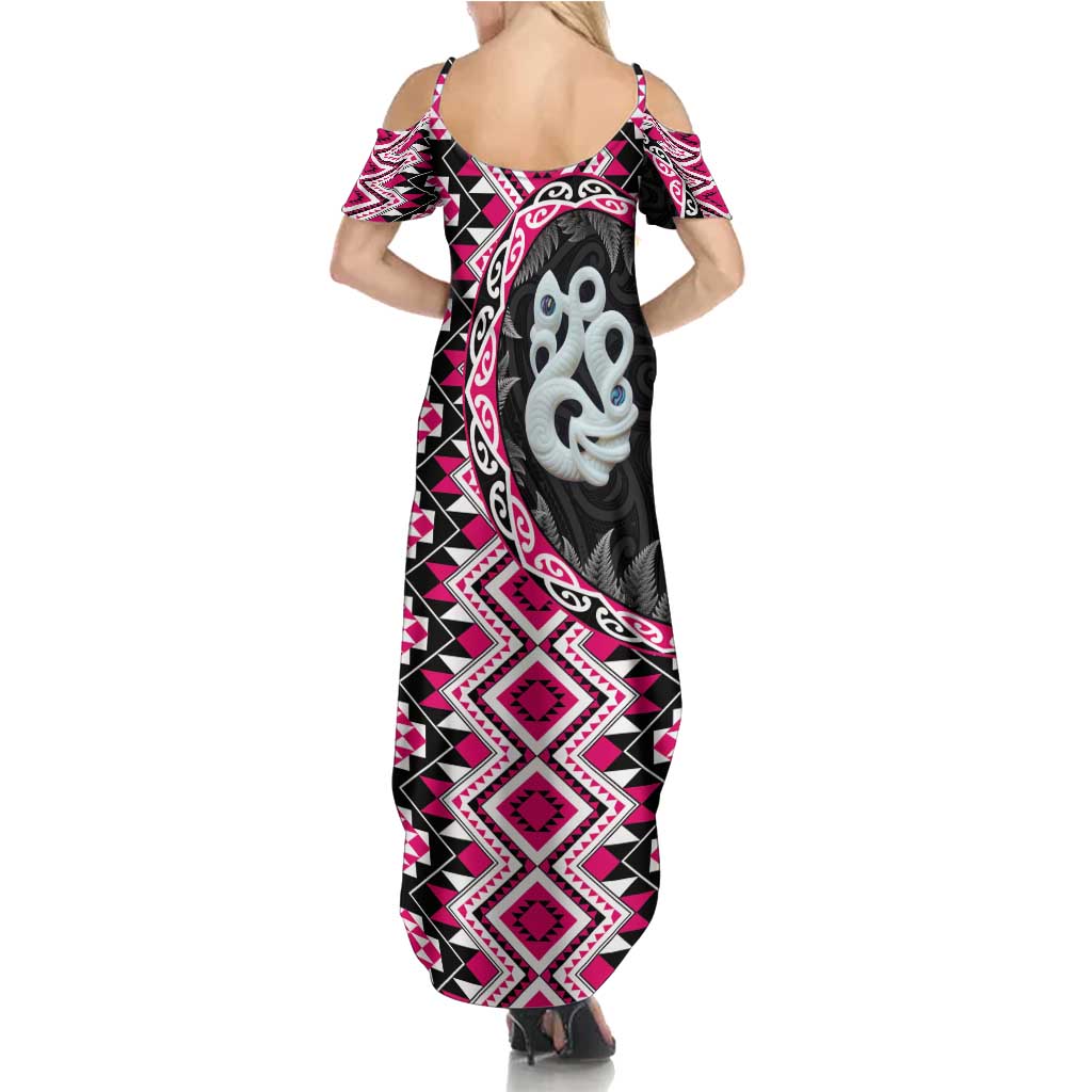 Pink Taniko Motif Aotearoa Manaia and Silver Fern Summer Maxi Dress