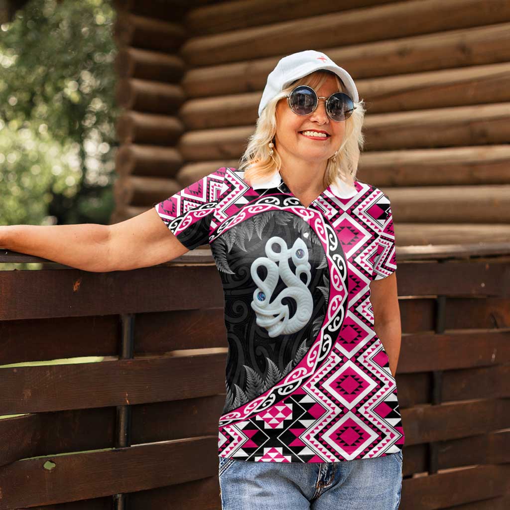 Pink Taniko Motif Aotearoa Manaia and Silver Fern Women Polo Shirt