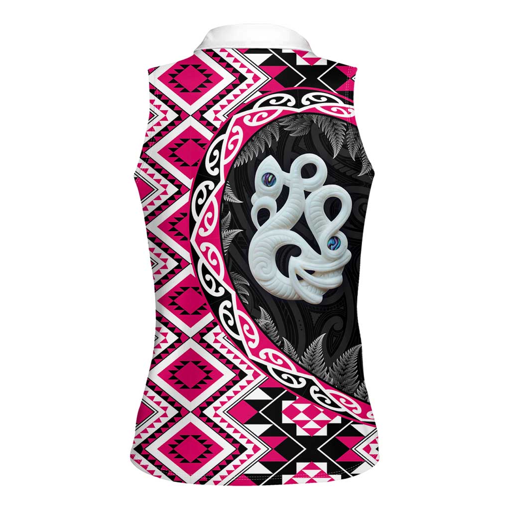 Pink Taniko Motif Aotearoa Manaia and Silver Fern Women Sleeveless Polo Shirt