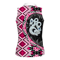 Pink Taniko Motif Aotearoa Manaia and Silver Fern Women Sleeveless Polo Shirt