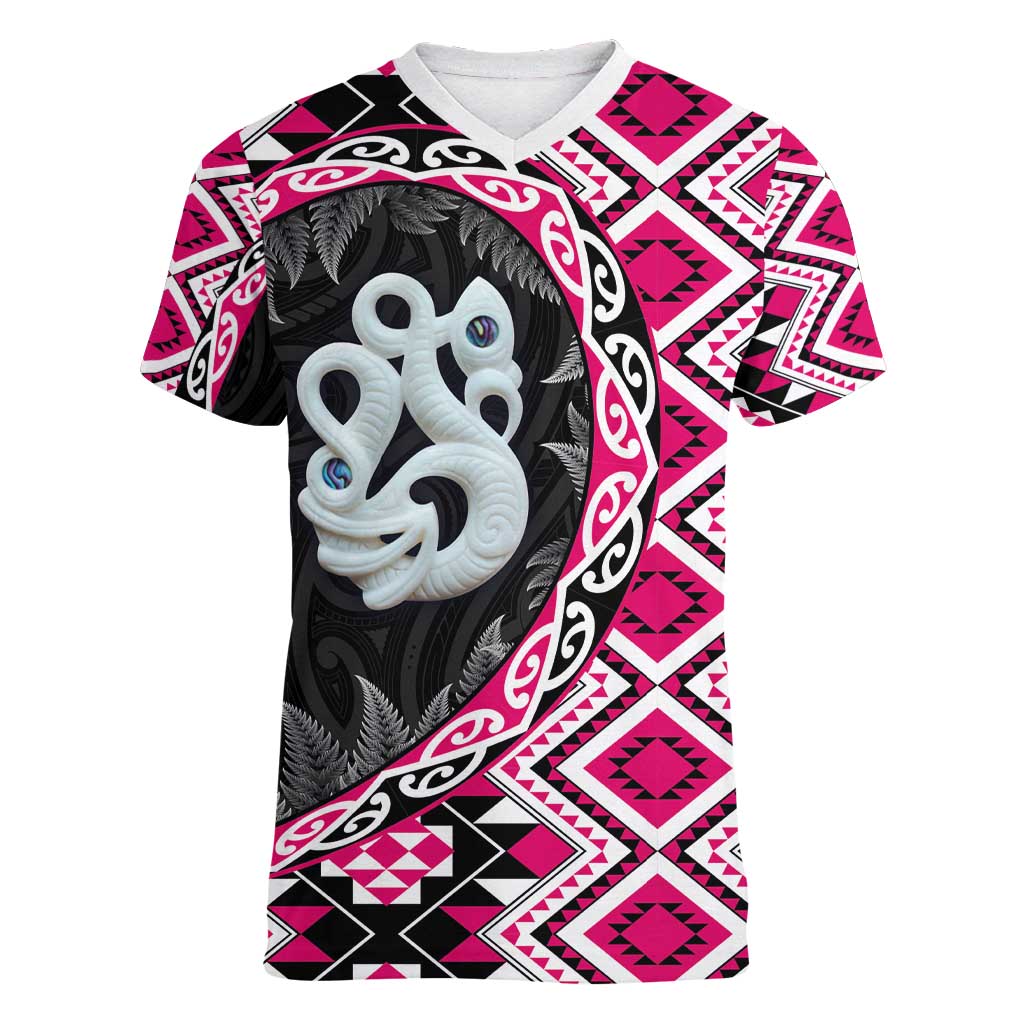 Pink Taniko Motif Aotearoa Manaia and Silver Fern Women V-Neck T-Shirt