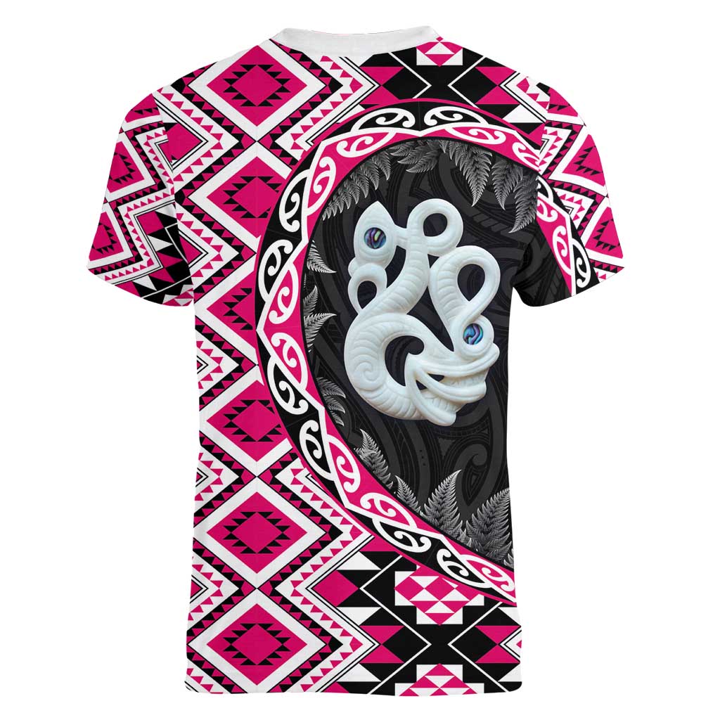 Pink Taniko Motif Aotearoa Manaia and Silver Fern Women V-Neck T-Shirt