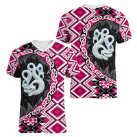 Pink Taniko Motif Aotearoa Manaia and Silver Fern Women V-Neck T-Shirt