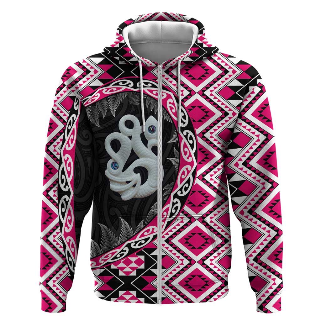 Pink Taniko Motif Aotearoa Manaia and Silver Fern Zip Hoodie LT03 Zip Hoodie Pink - Polynesian Pride