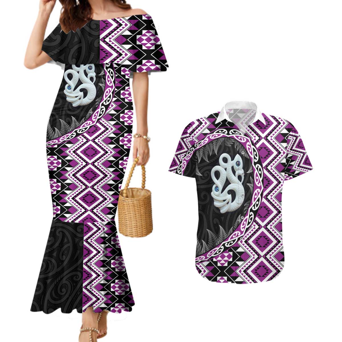Purple Taniko Motif Aotearoa Manaia and Silver Fern Couples Matching Mermaid Dress and Hawaiian Shirt LT03 Purple - Polynesian Pride