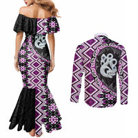 Purple Taniko Motif Aotearoa Manaia and Silver Fern Couples Matching Mermaid Dress and Long Sleeve Button Shirt LT03 - Polynesian Pride