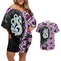 Purple Taniko Motif Aotearoa Manaia and Silver Fern Couples Matching Off Shoulder Short Dress and Hawaiian Shirt LT03 Purple - Polynesian Pride