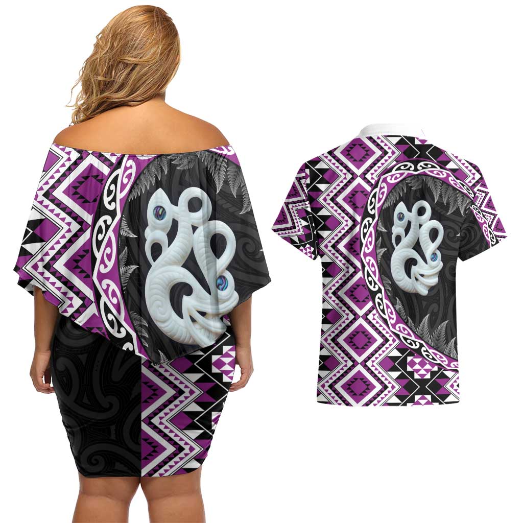 Purple Taniko Motif Aotearoa Manaia and Silver Fern Couples Matching Off Shoulder Short Dress and Hawaiian Shirt LT03 - Polynesian Pride