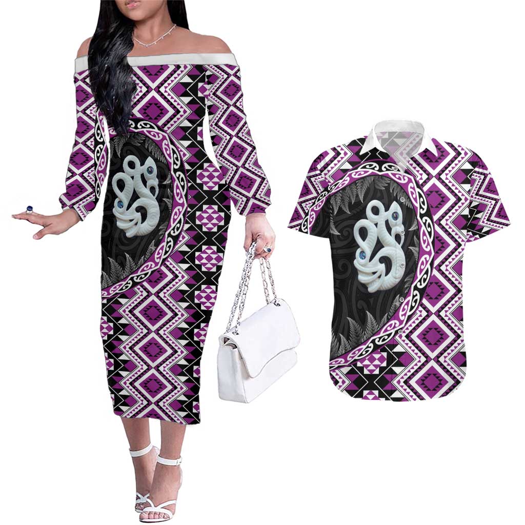 Purple Taniko Motif Aotearoa Manaia and Silver Fern Couples Matching Off The Shoulder Long Sleeve Dress and Hawaiian Shirt LT03 Purple - Polynesian Pride