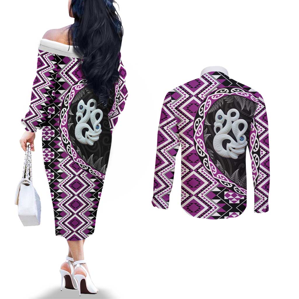 Purple Taniko Motif Aotearoa Manaia and Silver Fern Couples Matching Off The Shoulder Long Sleeve Dress and Long Sleeve Button Shirt LT03 - Polynesian Pride