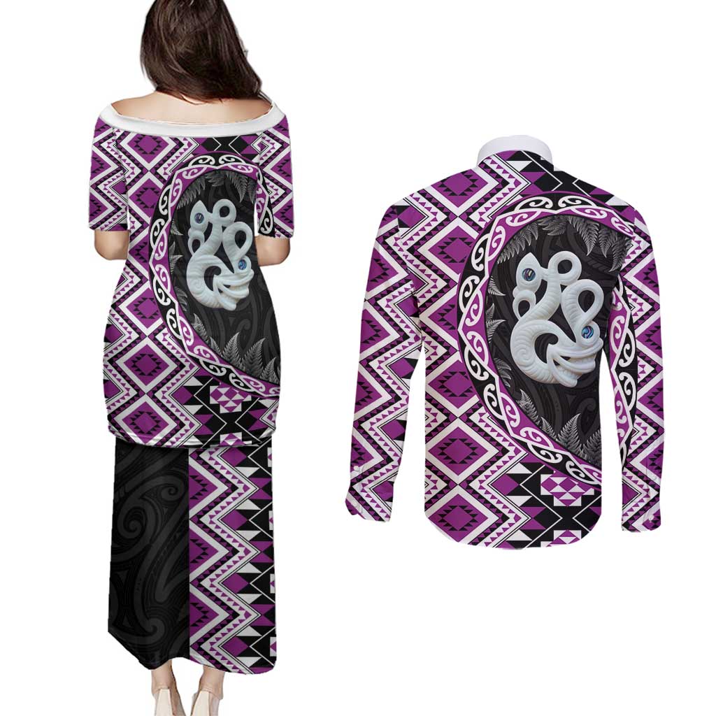Purple Taniko Motif Aotearoa Manaia and Silver Fern Couples Matching Puletasi and Long Sleeve Button Shirt
