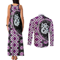 Purple Taniko Motif Aotearoa Manaia and Silver Fern Couples Matching Tank Maxi Dress and Long Sleeve Button Shirt