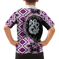 Purple Taniko Motif Aotearoa Manaia and Silver Fern Family Matching Long Sleeve Bodycon Dress and Hawaiian Shirt LT03 - Polynesian Pride