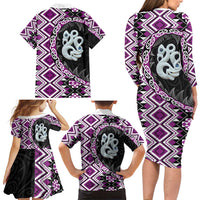 Purple Taniko Motif Aotearoa Manaia and Silver Fern Family Matching Long Sleeve Bodycon Dress and Hawaiian Shirt LT03 - Polynesian Pride