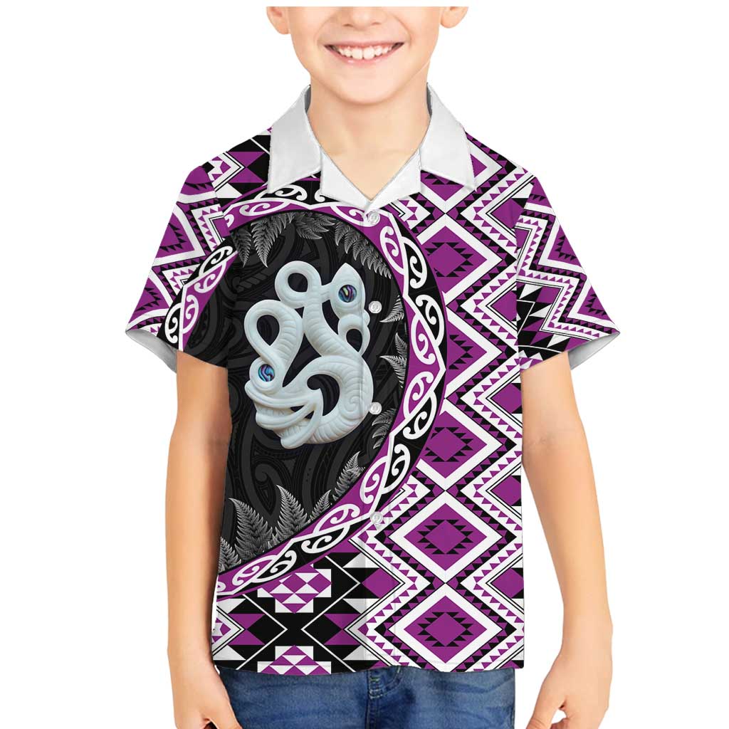 Purple Taniko Motif Aotearoa Manaia and Silver Fern Family Matching Mermaid Dress and Hawaiian Shirt LT03 Son's Shirt Purple - Polynesian Pride