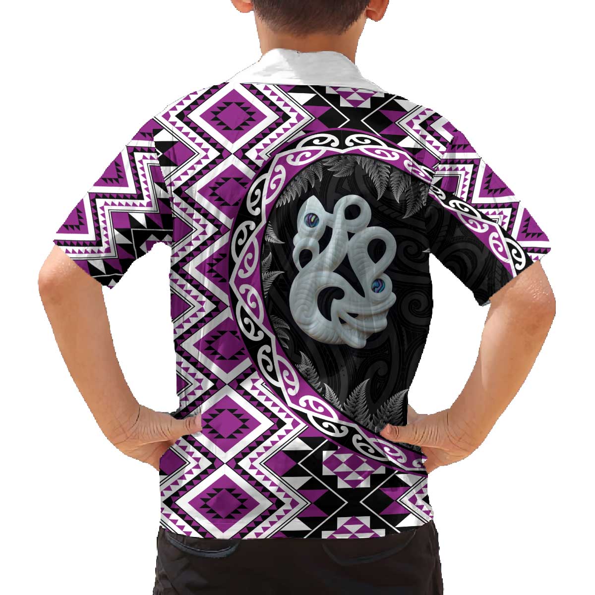 Purple Taniko Motif Aotearoa Manaia and Silver Fern Family Matching Off The Shoulder Long Sleeve Dress and Hawaiian Shirt LT03 - Polynesian Pride