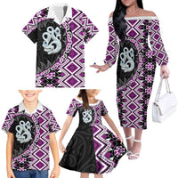 Purple Taniko Motif Aotearoa Manaia and Silver Fern Family Matching Off The Shoulder Long Sleeve Dress and Hawaiian Shirt LT03 - Polynesian Pride