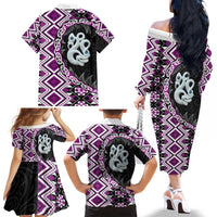Purple Taniko Motif Aotearoa Manaia and Silver Fern Family Matching Off The Shoulder Long Sleeve Dress and Hawaiian Shirt LT03 - Polynesian Pride