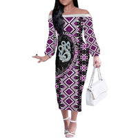 Purple Taniko Motif Aotearoa Manaia and Silver Fern Family Matching Off The Shoulder Long Sleeve Dress and Hawaiian Shirt LT03 Mom's Dress Purple - Polynesian Pride