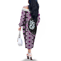 Purple Taniko Motif Aotearoa Manaia and Silver Fern Family Matching Off The Shoulder Long Sleeve Dress and Hawaiian Shirt LT03 - Polynesian Pride