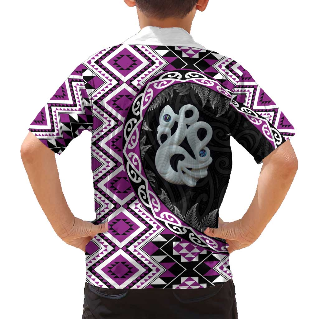 Purple Taniko Motif Aotearoa Manaia and Silver Fern Family Matching Off Shoulder Maxi Dress and Hawaiian Shirt LT03 - Polynesian Pride