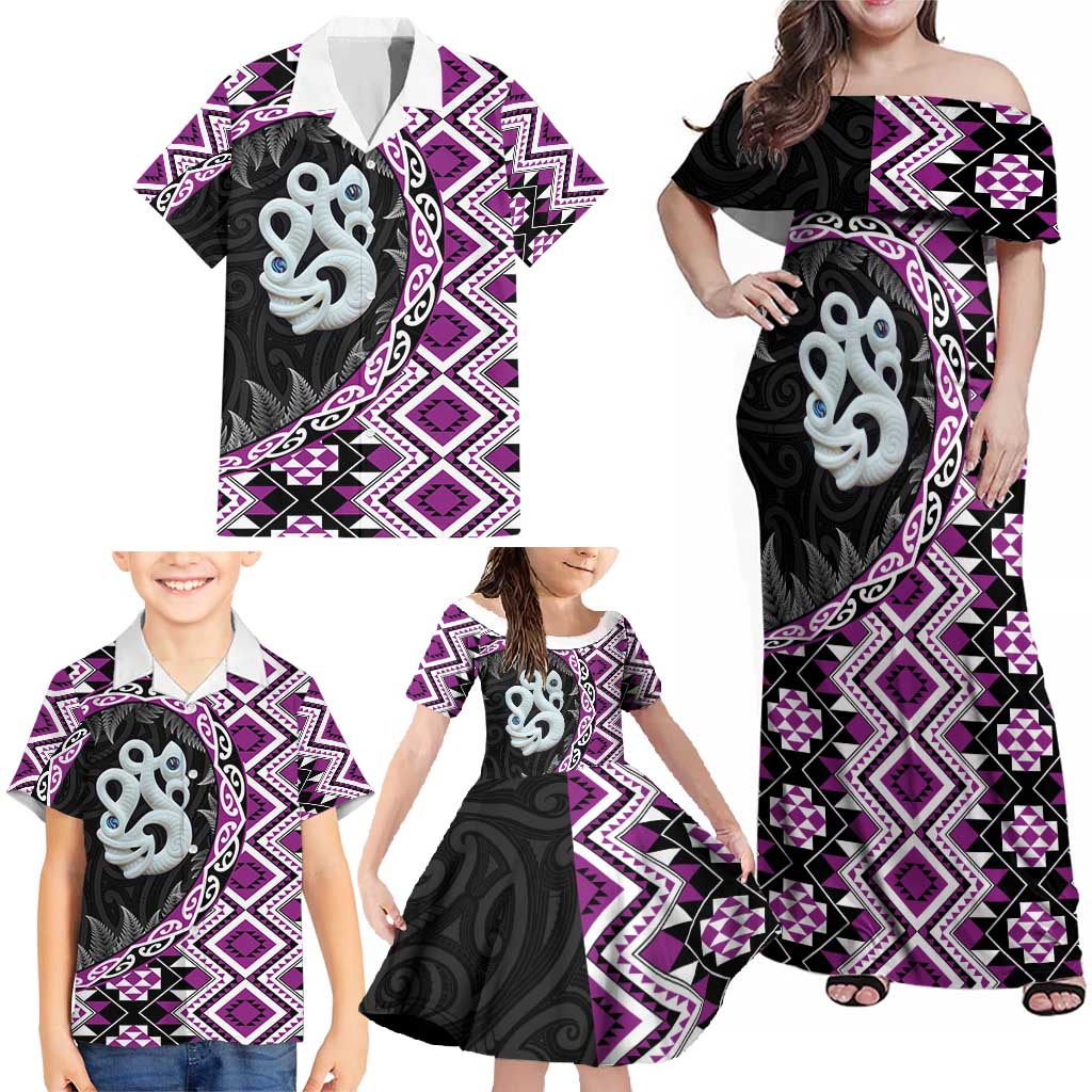 Purple Taniko Motif Aotearoa Manaia and Silver Fern Family Matching Off Shoulder Maxi Dress and Hawaiian Shirt LT03 - Polynesian Pride