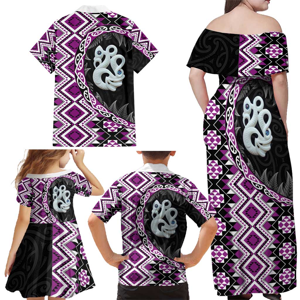 Purple Taniko Motif Aotearoa Manaia and Silver Fern Family Matching Off Shoulder Maxi Dress and Hawaiian Shirt LT03 - Polynesian Pride