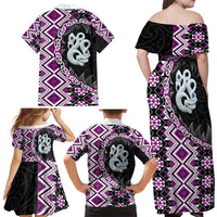 Purple Taniko Motif Aotearoa Manaia and Silver Fern Family Matching Off Shoulder Maxi Dress and Hawaiian Shirt LT03 - Polynesian Pride