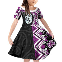 Purple Taniko Motif Aotearoa Manaia and Silver Fern Family Matching Off Shoulder Short Dress and Hawaiian Shirt LT03 Daughter's Dress Purple - Polynesian Pride