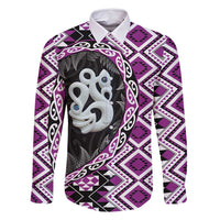 Purple Taniko Motif Aotearoa Manaia and Silver Fern Family Matching Off Shoulder Short Dress and Hawaiian Shirt LT03 Dad's Shirt - Long Sleeve Purple - Polynesian Pride