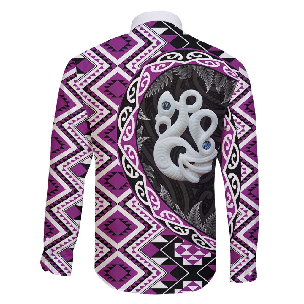 Purple Taniko Motif Aotearoa Manaia and Silver Fern Family Matching Off Shoulder Short Dress and Hawaiian Shirt LT03 - Polynesian Pride