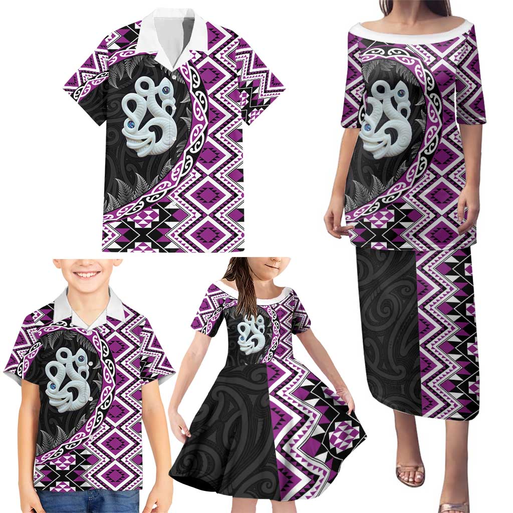 Purple Taniko Motif Aotearoa Manaia and Silver Fern Family Matching Puletasi and Hawaiian Shirt LT03 - Polynesian Pride