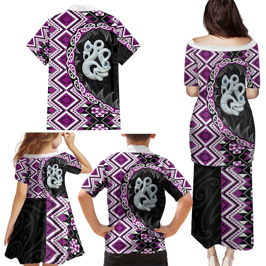 Purple Taniko Motif Aotearoa Manaia and Silver Fern Family Matching Puletasi and Hawaiian Shirt LT03 - Polynesian Pride