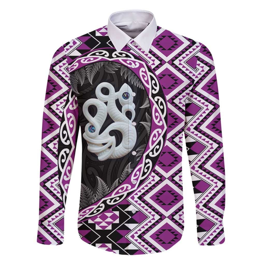 Purple Taniko Motif Aotearoa Manaia and Silver Fern Family Matching Puletasi and Hawaiian Shirt LT03 Dad's Shirt - Long Sleeve Purple - Polynesian Pride