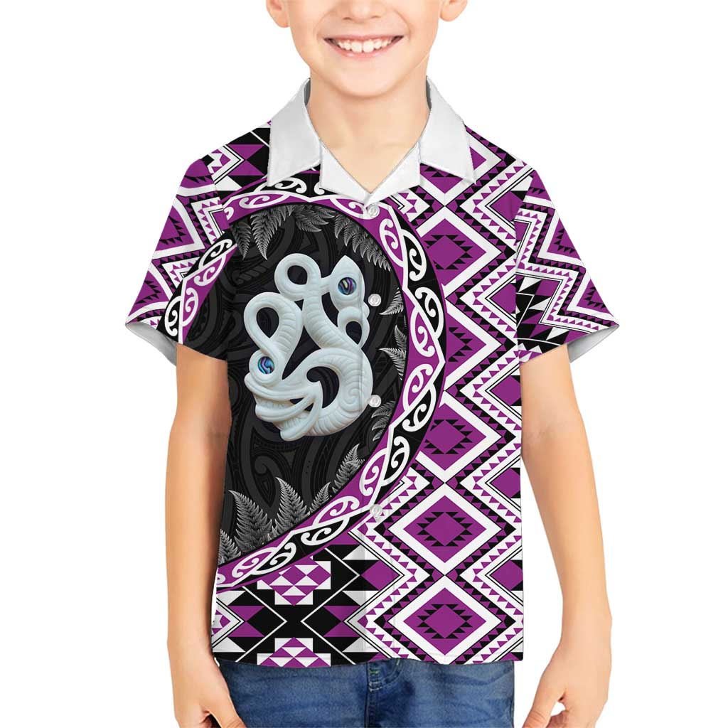 Purple Taniko Motif Aotearoa Manaia and Silver Fern Family Matching Puletasi and Hawaiian Shirt LT03 Son's Shirt Purple - Polynesian Pride
