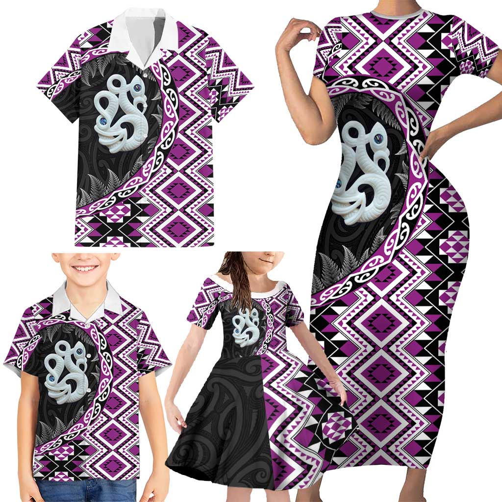 Purple Taniko Motif Aotearoa Manaia and Silver Fern Family Matching Short Sleeve Bodycon Dress and Hawaiian Shirt LT03 - Polynesian Pride