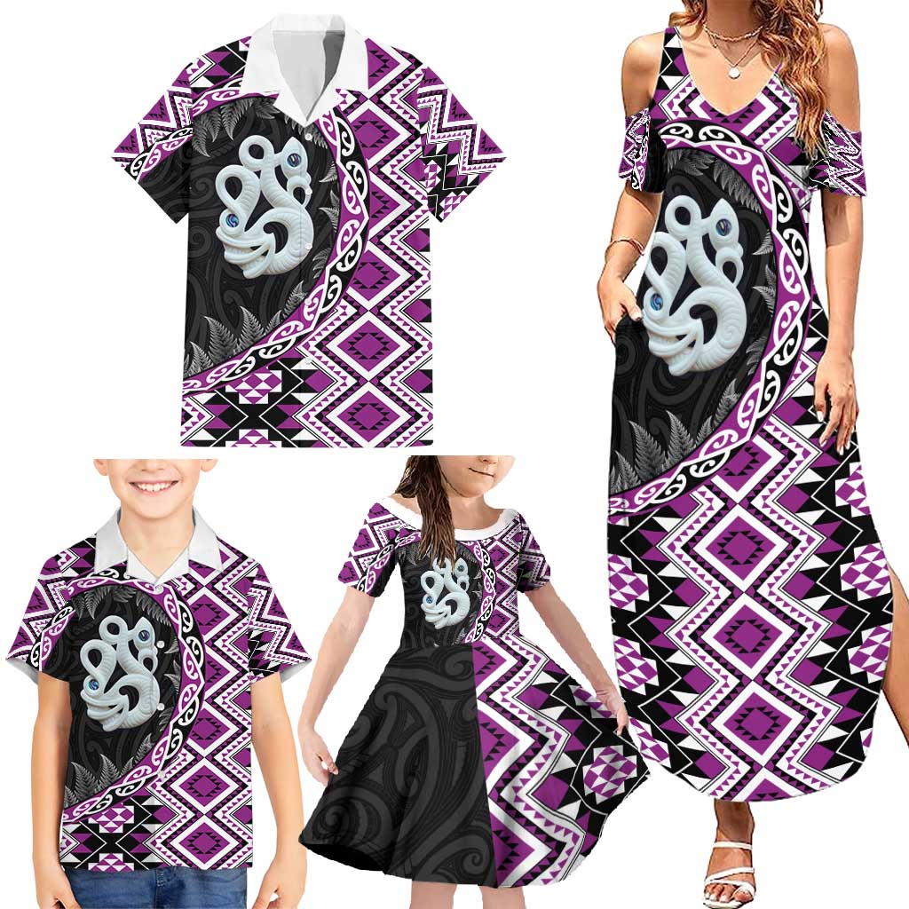 Purple Taniko Motif Aotearoa Manaia and Silver Fern Family Matching Summer Maxi Dress and Hawaiian Shirt LT03 - Polynesian Pride